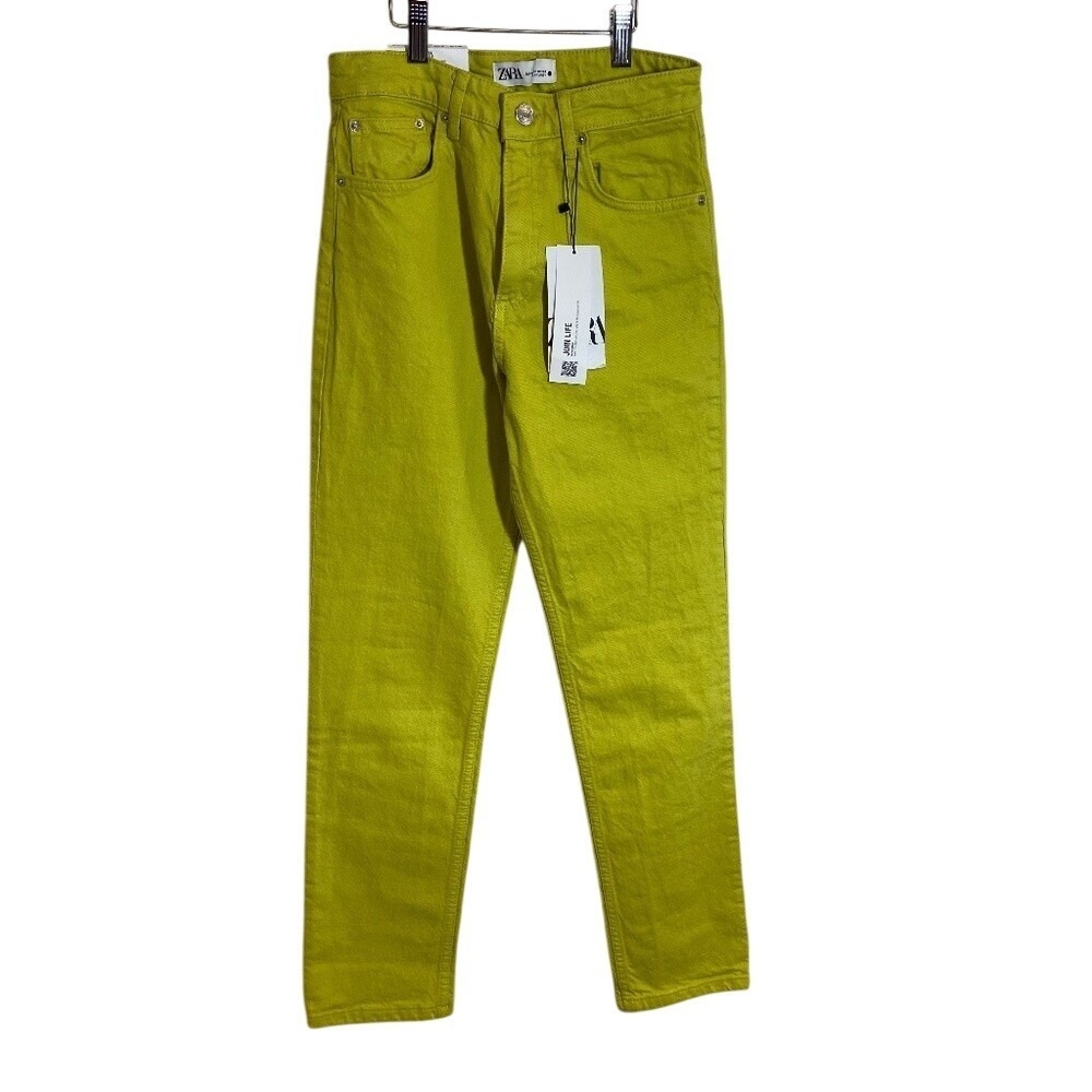 Zara The High Waist Slim Jeans Lime Green Neon Denim Pants Womens 2 Retro NWT